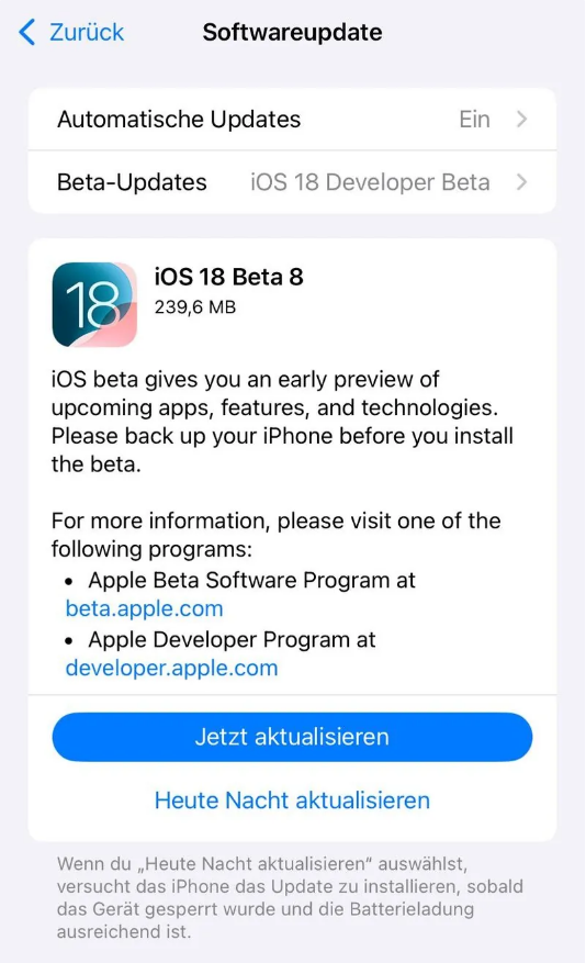 嘉荫苹果手机维修分享苹果 iOS / iPadOS 18 开发者预览版 Beta 8 发布 